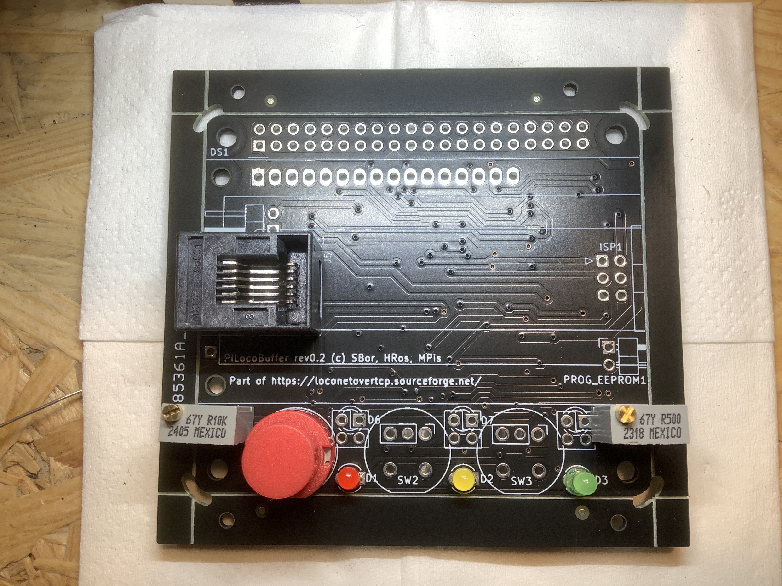 PCB with LEDs, Potis, Switch and LocoNet socket